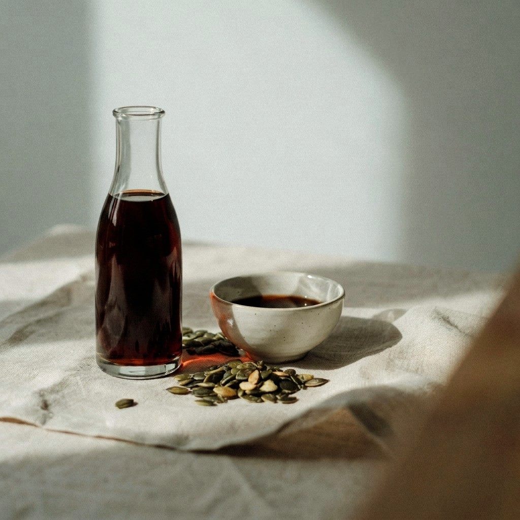 Klare Flasche dunklen Kürbiskernöls neben Keramikschale mit Öl und grünen Kernen auf Leinen