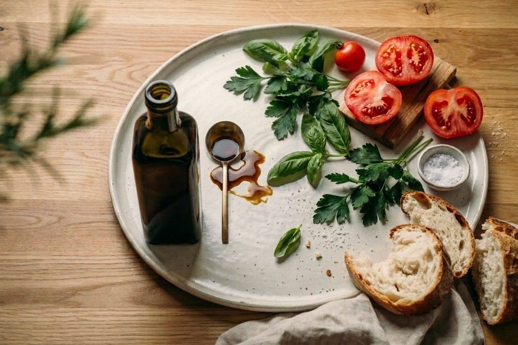 Dunkle Kürbiskernölflasche, Löffel mit Öltropfen, Tomaten, Kräuter und Brot auf Keramikteller
