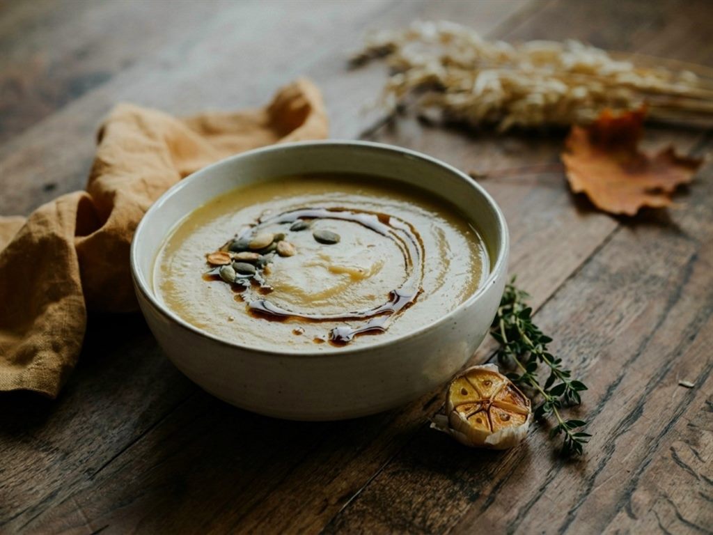Cremige Suppe mit dunkler Ölspirale und Kürbiskernen