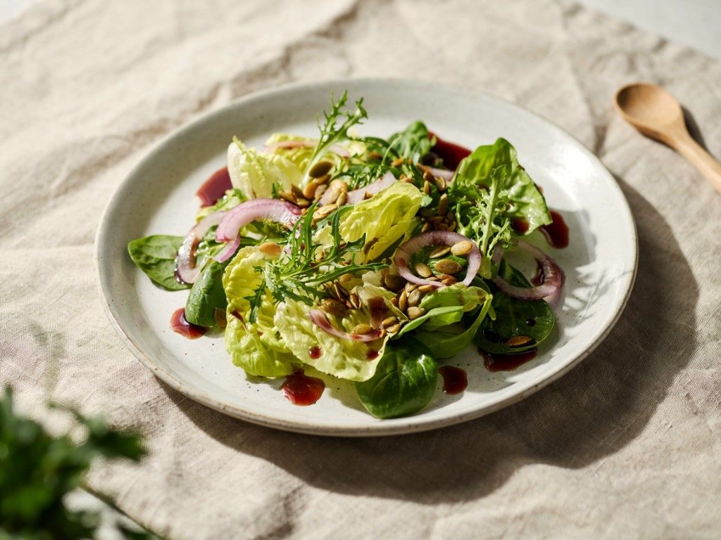 Grüner Salat mit roter Zwiebel, Kürbiskernen und dunklem Öl