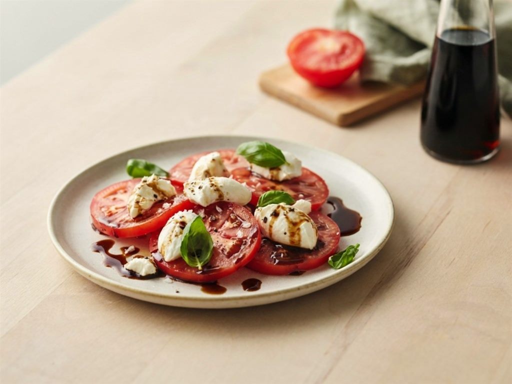 Tomate und Mozzarella mit Basilikum und dunklem Öl